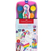 Faber-Castell Connector Unicornio Pack de 12 Acuarelas en Pastilla + Pintura Blanca Opaca + Pegatinas - Gran Opacidad - Facilmente Mezclables - Colores Surtidos