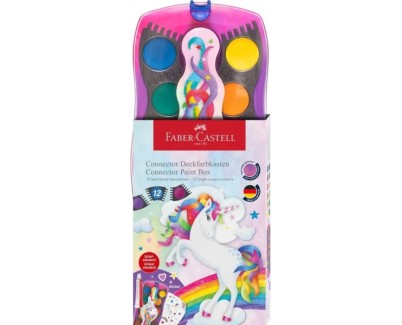 Faber-Castell Connector Unicornio Pack de 12 Acuarelas en Pastilla + Pintura Blanca Opaca + Pegatinas - Gran Opacidad - Facilmente Mezclables - Colores Surtidos