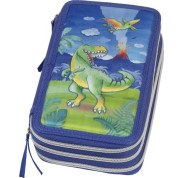Faber-Castell Diseño Dinosaurio Estuche de 3 Pisos con Contenido de Serie: Goma de Borrar, Sacapuntas, Lapiz de Grafito HB, 2 Boligrafos (Azul y Rojo), Regla de 15cm, 18 Lapices de Colores, 18 Rotuladores, Tijera y Barra de Pegamento