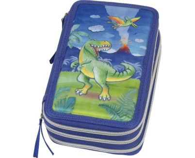 Faber-Castell Diseño Dinosaurio Estuche de 3 Pisos con Contenido de Serie: Goma de Borrar, Sacapuntas, Lapiz de Grafito HB, 2 Boligrafos (Azul y Rojo), Regla de 15cm, 18 Lapices de Colores, 18 Rotuladores, Tijera y Barra de Pegamento
