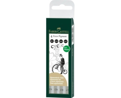 Faber-Castell Ecco Pigment Pack de 4 Rotuladores Calibrados 0.1, 0.3, 0.5, 0.7mm - Punta Engastada en Metal - Tinta Pigmentada Resistente al Agua y a la Luz - Color Negro
