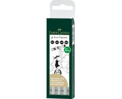 Faber-Castell Ecco Pigment Pack de 4 Rotuladores Calibrados 0.2, 0.4, 0.6, 0.8mm - Punta Engastada en Metal - Tinta Pigmentada Resistente al Agua y a la Luz - Color Negro