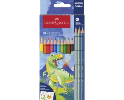 Faber-Castell Edicion Dinosaurios Pack de 13 Lapices de Colores Hexagonales - 10 Colores Clasicos + 3 Colores Metalizados - Incluye Pegatinas de Dinosaurios - Resistencia a la Rotura - Colores Surtidos