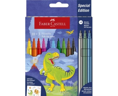 Faber-Castell Edicion Dinosaurios Pack de 13 Rotuladores de Colores - 10 Colores Clasicos + 3 Colores Metalizados - Incluye Pegatinas de Dinosaurios - Tinta a Base de Agua - Colores Surtidos