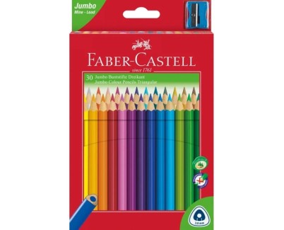 Faber-Castell Jumbo Junior Pack de 30 Lapices de Colores Triangulares + Sacapuntas - Mina Resistente a la Rotura - Lavable - Colores Surtidos