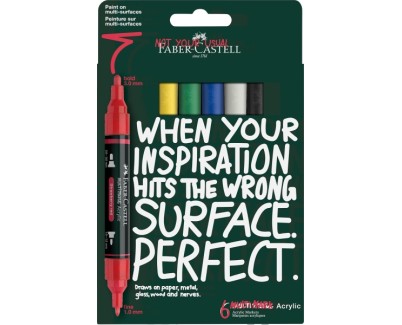 Faber-Castell Multimark Acrylic Pack con 6 Rotuladores Acrilicos Doble Punta - Puntas Redondas de 1mm y 3mm - Tinta Acrilica a Base de Agua - Colores Surtidos