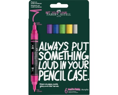 Faber-Castell Multimark Acrylic Pack con 6 Rotuladores Acrilicos Doble Punta - Puntas Redondas de 1mm y 3mm - Tinta Acrilica a Base de Agua - Colores Vibrantes Surtidos