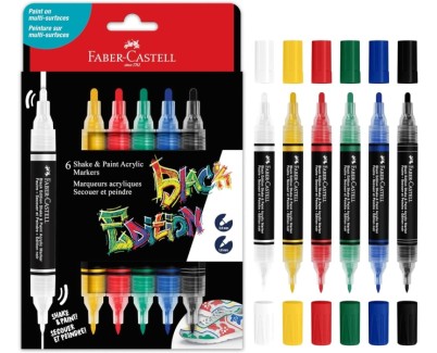 Faber-Castell Shake & Paint Black Edition Pack de 6 Rotuladores Acrilicos Doble Punta - Puntas Redondas de 1mm y 3mm - Tinta Acrilica al Agua - Color Clasicos Surtidos