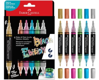 Faber-Castell Shake & Paint Black Edition Pack de 6 Rotuladores Acrilicos Doble Punta - Puntas Redondas de 1mm y 3mm - Tinta Acrilica al Agua - Colores Metalicos Surtidos