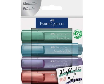Faber-Castell Textliner 46 Metallic Pack de 4 Marcadores Fluorescentes - Punta Biselada - Trazo entre 1mm y 5mm - Tinta con Base de Agua - Colores Surtidos