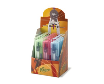 Faibo Expositor de 20 Compases Escolares - Adaptador Universal - Incluye Tubo de Minas - Presentado en Estuche de Plastico de Colores Surtidos