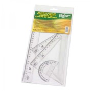 Faibo Pack de Reglas Escolares - Incluye Regla de 30cm, Escuadra de 25cm, Cartabon de 25cm y Semicirculo de 9cm - Presentacion en Bolsa Transparente - Color Transparente