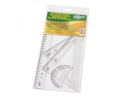 Faibo Pack de Reglas Escolares - Incluye Regla de 30cm, Escuadra de 25cm, Cartabon de 25cm y Semicirculo de 9cm - Presentacion en Bolsa Transparente - Color Transparente