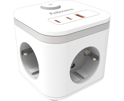 Fellowes Cubo Multienchufes de Sobremesa con 3 Tomas 230V + 2x USB-C 20W max. - 1x USB-A 18W max. - Cable de 2m - Interruptor On/Off - Color Blanco