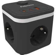 Fellowes Cubo Multienchufes de Sobremesa con 3 Tomas 230V + 2x USB-C 20W max. - 1x USB-A 18W max. - Cable de 2m - Interruptor On/Off - Color Negro