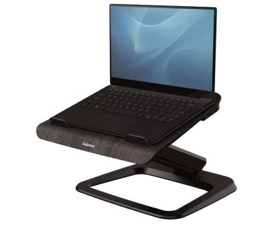 Fellowes Hana Soporte para Portatil - Sistema de Muelle a Gas - Inclinacion Maxima 95º - 4 Puertos USB - Base de Aluminio y Plataforma de Madera - Hasta 29 Pulgadas - Color Negro