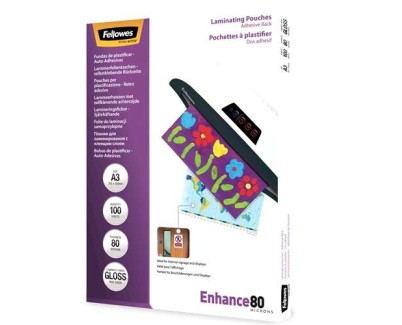 Fellowes Pack de 100 Fundas AutoAdhesivas para Plastificar Brillo A3 - 80 Micras - Alta Calidad - Transparente