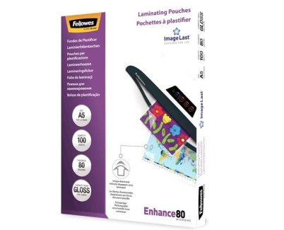 Fellowes Pack de 100 Fundas para Plastificar Brillo A5 - 80 Micras - Alta Calidad - Transparente