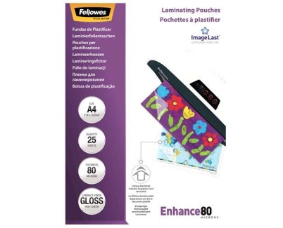 Fellowes Pack de 25 Fundas para Plastificar Brillo A4 - 80 Micras - Alta Calidad - Transparente