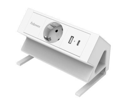 Fellowes Regleta de Sobremesa de 1 Toma - USB-A - USB-C - Cable 2m - Abrazadera para Escritorios de 10 a 45mm - 15.44x9.7x8.75cm - Color Blanco