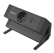 Fellowes Regleta de Sobremesa de 1 Toma - USB-A - USB-C - Cable 2m - Abrazadera para Escritorios de 10 a 45mm - 8.75x15.44x9.7cm - Color Negro