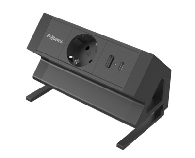 Fellowes Regleta de Sobremesa de 1 Toma - USB-A - USB-C - Cable 2m - Abrazadera para Escritorios de 10 a 45mm - 8.75x15.44x9.7cm - Color Negro