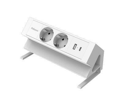 Fellowes Regleta de Sobremesa de 2 Tomas - USB-A - USB-C - Cable 2m - Abrazadera para Escritorios de 10 a 45mm - 19.64x9.7x8.75cm - Color Blanco