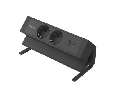 Fellowes Regleta de Sobremesa de 2 Tomas - USB-A - USB-C - Cable 2m - Abrazadera para Escritorios de 10 a 45mm - 8.75x19.64x9.7cm - Color Negro