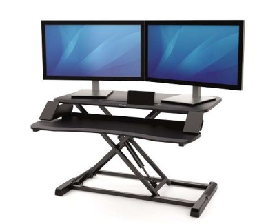 Fellowes Sit-Stand Corsivo Estaci&oacute;n de Trabajo - Sistema de Muelle a Gas - Amplia Plataforma Superior - Plataforma Inferior para Raton y Teclado - Color Negro