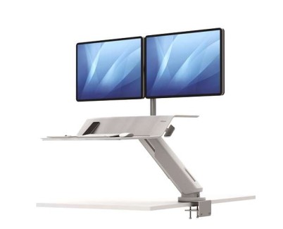 Fellowes Sit-Stand Lotus RT Estacion de Trabajo Doble - Amplia Superficie - Incluye Brazo Monitor - Superficie de Madera Resistente - Color Blanco