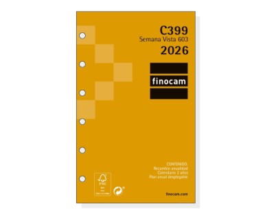 Finocam C399 Recambio para Agendas Classic - Anual 2026 - Hojas Microperforadas - Formato 603 - 79x6x127mm - Semana Vista Horizontal - Color Blanco