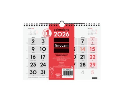 Finocam Calendario de Pared - Anual 2026 - 210x5x155mm - Numeros Grandes - Color Blanco y Rojo