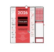 Finocam Calendario de Pared - Anual 2026 - Anilla Portaboligrafo - 300x11x335mm - Espacio para Escribir - Color Blanco y Rojo