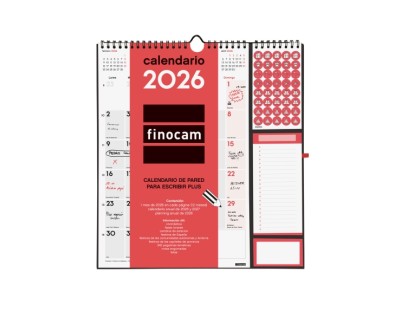 Finocam Calendario de Pared - Anual 2026 - Anilla Portaboligrafo - 300x11x335mm - Espacio para Escribir - Color Blanco y Rojo