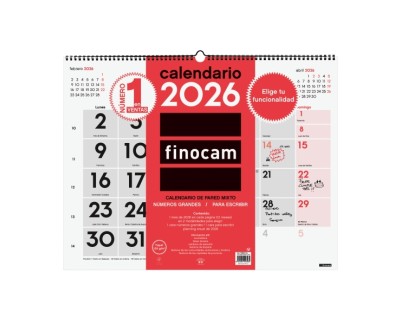 Finocam Calendario de Pared - Anual 2026 - Espacio para Escribir - Formato XL - 540x5x430mm - Numeros Grandes - Color Blanco y Rojo