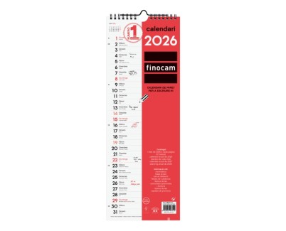 Finocam Calendario de Pared en Catalan - Anual 2026 - 155x5x440mm - Espacio para Escribir - Color Blanco y Rojo