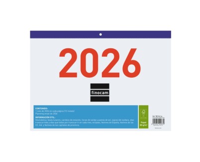 Finocam Calendario Faldilla - Anual 2026 - Formato F93 - 300x3x210mm - Numeros Grandes - Color Blanco y Azul