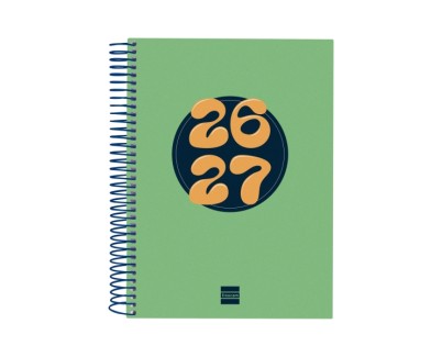 Finocam Cool Agenda Escolar 26/27 - 1 Dia por Pagina - Formato 4&ordm; - 155x212mm - Tapas de Carton Forrado - Papel de 80g/m2 - Espiral Metalica - Esquinas Microperforadas - Color Verde