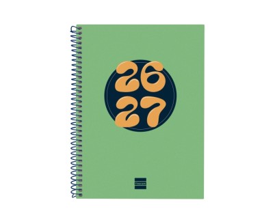 Finocam Cool Agenda Escolar 26/27 - Semana Vista Horizontal - Formato 4&ordm; - 155x212mm - Tapas de Carton Forrado - Papel de 80g/m2 - Espiral Metalica - Esquinas Microperforadas - Color Verde