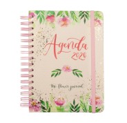 Finocam Flower Journal Agenda de Espiral - Anual 2026 - Tapa Dura - Cierre de Goma - Formato E10 - 155X212mm - 1 Dia por Pagina - Color Rosa