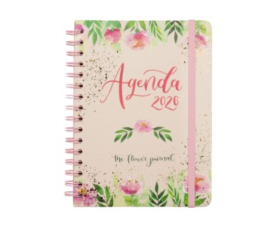 Finocam Flower Journal Agenda de Espiral - Anual 2026 - Tapa Dura - Cierre de Goma - Formato E10 - 155X212mm - Semana Vista Horizontal - Color Rosa