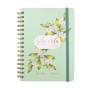 Finocam Flower Journal Agenda de Espiral - Anual 2026 - Tapa Dura - Cierre de Goma - Formato E10 - 155X212mm - Semana Vista Horizontal - Color Verde