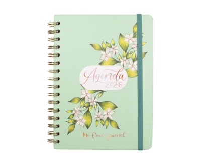 Finocam Flower Journal Agenda de Espiral - Anual 2026 - Tapa Dura - Cierre de Goma - Formato E10 - 155X212mm - Semana Vista Horizontal - Color Verde