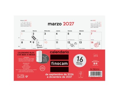 Finocam Neutro Bloc Calendario con Iman - 16 Meses - Mes Vista - Formato S - 210x150mm - Listado de Festivos - Papel de 120g/m2 - Listado de Festivos - Color Rojo/Blanco