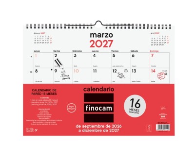 Finocam Neutro Calendario de Pared - 16 Meses - Mes Vista - Formato L - 340x240mm - Espiral Doble Metalica - Papel de 120g/m2 - Listado de Festivos - Color Rojo/Blanco