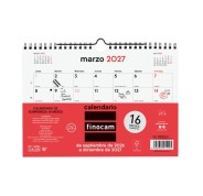 Finocam Neutro Calendario de Pared - 16 Meses - Mes Vista - Formato S - 210x150mm - Espiral Doble Metalica - Papel de 120g/m2 - Listado de Festivos - Color Rojo/Blanco