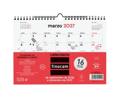 Finocam Neutro Calendario de Pared - 16 Meses - Mes Vista - Formato S - 210x150mm - Espiral Doble Metalica - Papel de 120g/m2 - Listado de Festivos - Color Rojo/Blanco