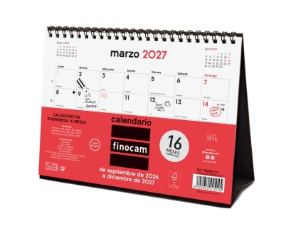 Finocam Neutro Calendario de Sobremesa - 16 Meses - Mes Vista - Formato S - 210x150mm - Espiral Doble Metalica - Papel de 120g/m2 - Listado de Festivos - Color Rojo/Blanco