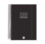 Finocam Opaque Agenda de Espiral - Anual 2026 - Tapa Ligera - Cierre con Goma Elastica - Formato E10 - 175x29x212mm - 1 Dia por Pagina - Color Negro