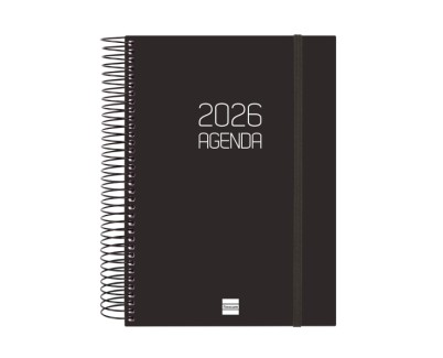 Finocam Opaque Agenda de Espiral - Anual 2026 - Tapa Ligera - Cierre con Goma Elastica - Formato E10 - 175x29x212mm - 1 Dia por Pagina - Color Negro